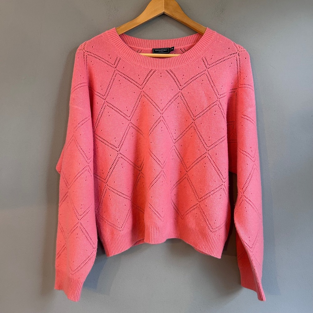 Vineyard Vines Pink 100% Cashmere Pointelle Diamond Knit Crewneck Sweater M